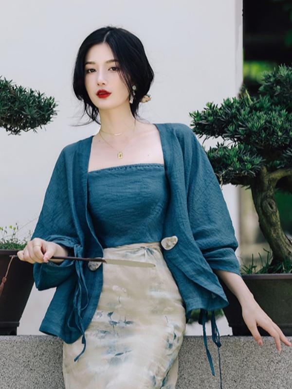 Vintage Fashion In Chinese - Set Rok Halter Tali Terbuka Motif
