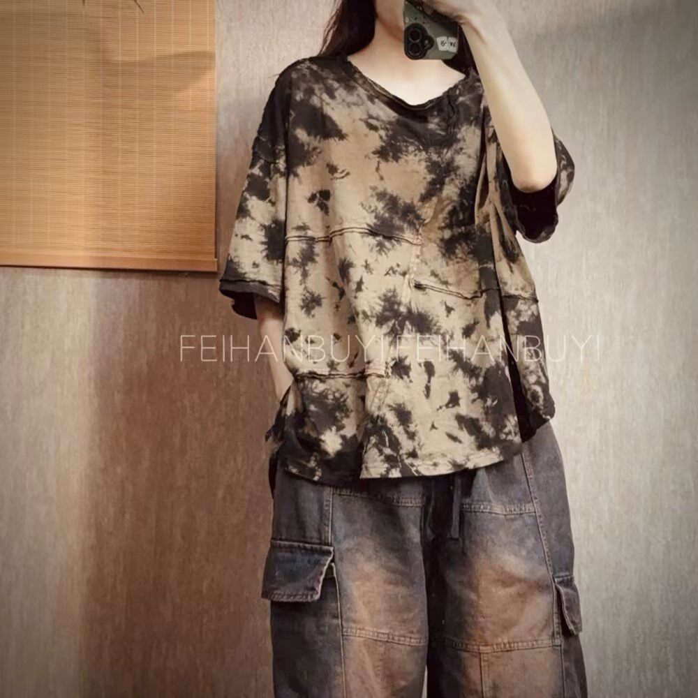 Tie Dye Shirt Vintage - Kaus Longgar Kerah O Wanita Gaya