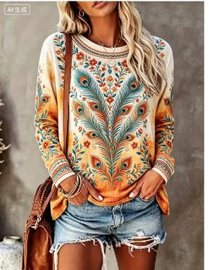 Printed Floral Shirt - Kaos Wanita Lengan Panjang Vintage Motif