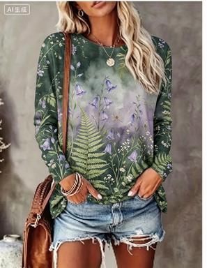 Printed Floral Shirt - Kaos Wanita Lengan Panjang dengan Latar
