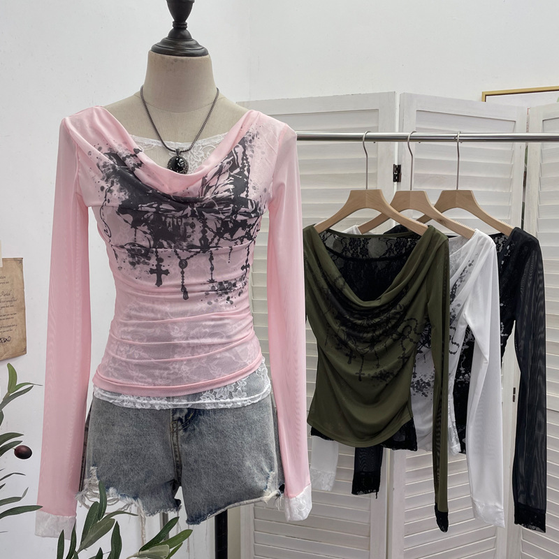 Tie Dye Shirt Vintage - T-shirt Lengan Panjang Jaring Sambungan Renda