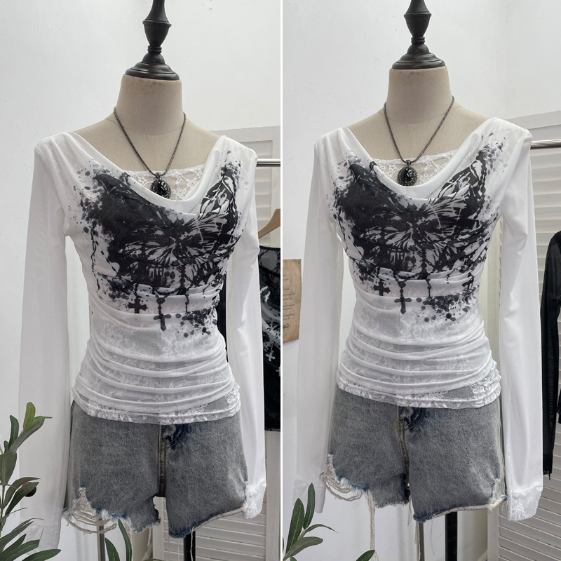 T-shirt Lengan Panjang Jaring  - Tie Dye Shirt Vintage ulasan dan harga