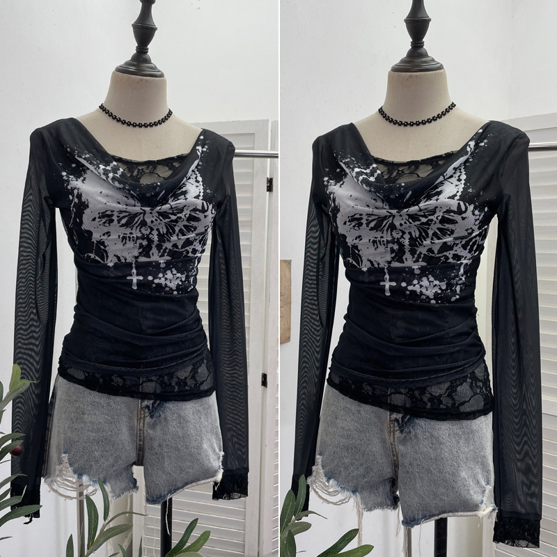 T-shirt Lengan Panjang Jaring  - Tie Dye Shirt Vintage ulasan dan harga